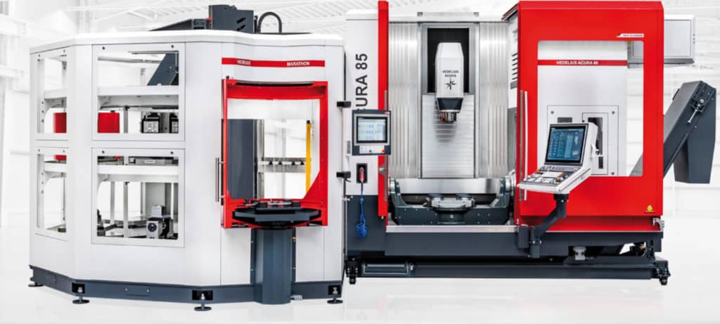 Hög nyttjandegrad och flexibilitet i en automatiserad verktygsmaskin Hedelius Acura 85 kan med fördel automatiseras, till exempel med Hedelius palettmagasin Marathon SR518 som hanterar paletter upp till 500x500 mm och har plats för 18 paletter. Foto: Hermle