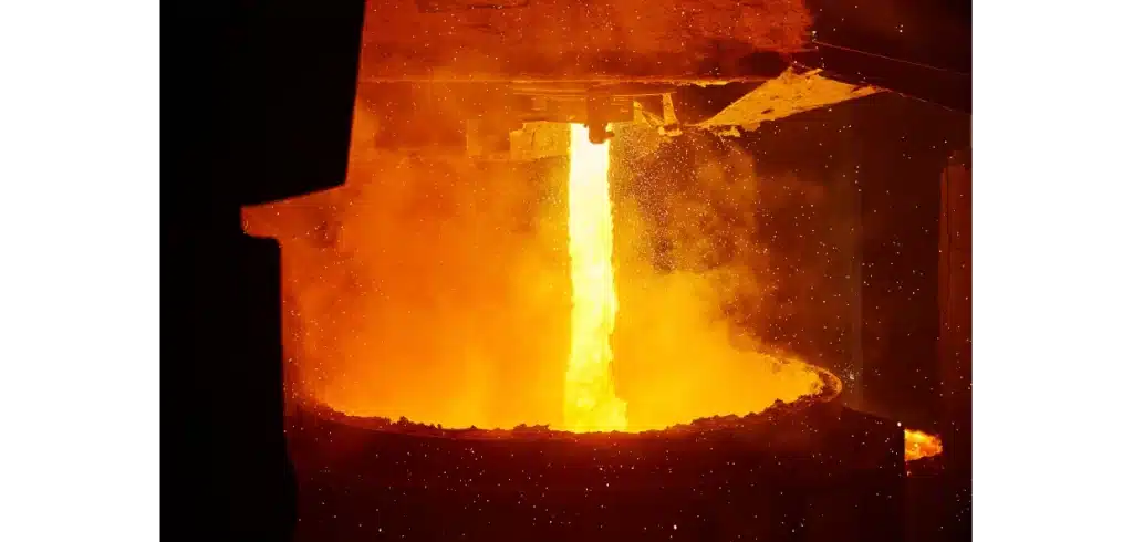 Stålproduktionen minskade i maj Tappning av råstål från ljusbågsugn ned i skänk, 100 ton flytande stål vid 1680°C. Foto: Pia och Hans Nordlander, Jernkontorets bildbank