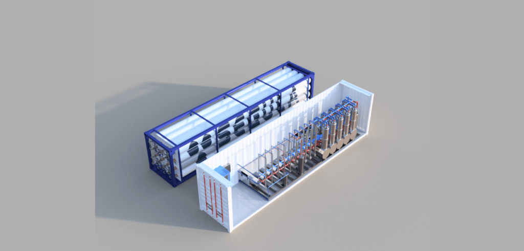 Standard 40-fots container längd 12 m - bredd 2,4 m - höjd 2,5 m) som används av REMORA Stack för massiv lagring av förnybar energi.